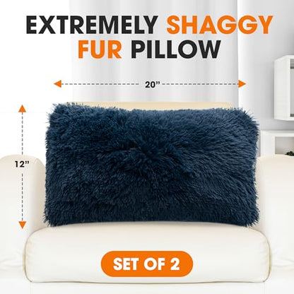 Cheer Collection Throw Pillows for Couch and Bed, Soft Shaggy Throw Pillows with Inserts Included, Cozy Long Hair Faux Fur Pillows - Set of 2-12" x 20" - Navy Blue - color: Navy Blue, size: 12" x 20"
