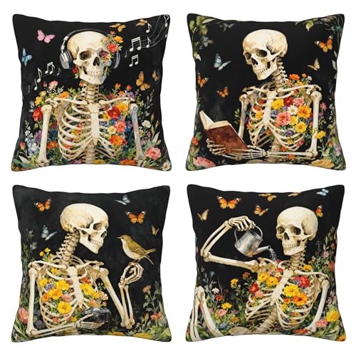 Skull Throw Pillow Covers 18 X 18 Inch Set of 4 Decorative Cushion Cover Home Decor for Sofa Chair Couch Bedroom Living Room - color: Skull