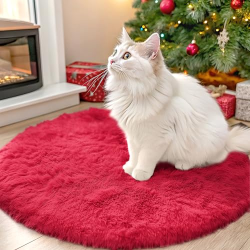 OLANLY Red Round Rugs for Bedroom - Machine Washable, 2 ft Circle Area Rugs for Living Room, Soft and Fluffy Shaggy Carpet for Teen Girls and Boys, Nursery Rooms, Dorms, Home Decor Aesthetic - color: Red, size: 2 Ft Round