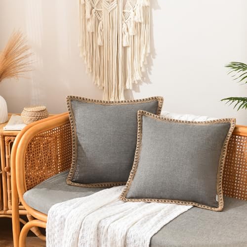 NordECO HOME Set of 2 Throw Pillow Covers - Burlap Linen Trimmed Tailored Edges Decorative Cushion Covers for Bed Home Decoration, 18 x 18, Grey - color: Grey, size: 18" x 18" (Pack of 2)