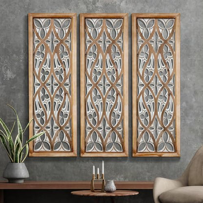 XIAOAIKA Boho Hand-Carved Ornate Geometric Wood Wall Art Panels, Set of 3 - color: STYLE B