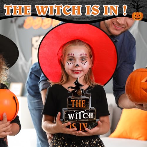 4 Pcs Halloween Witch Table Decor for Home Witch Is in Wooden Block Sign - style: Witch and Black Cat