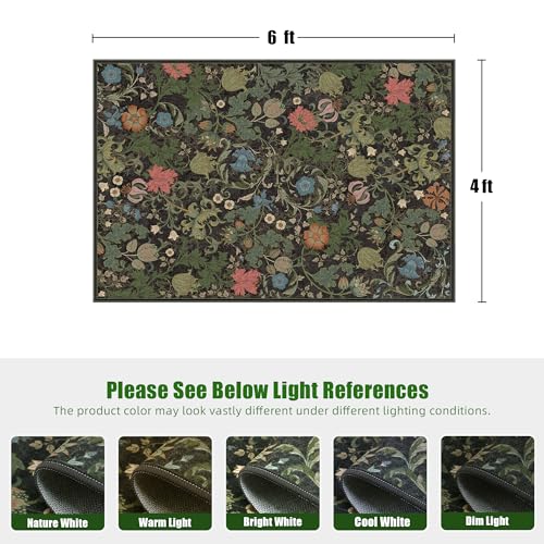 Deerly Floral Area Rug 4x6, Washable Living Room Rug Non Slip, Black Green - color: Black, size: 4'x6'