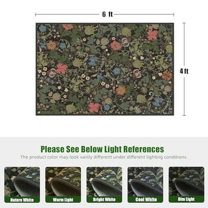 Deerly Floral Area Rug 4x6, Washable Living Room Rug Non Slip, Black Green - color: Black, size: 4'x6'