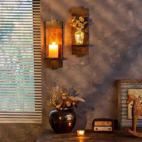 Wood Wall Candle Sconces Set of 2, Distressed Brown - color: Brown, size: 15.7in x 5.1in