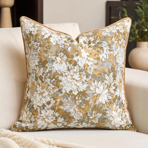 Alerfa Yellow Neutral Floral Pillow Cover 18 x 18 Inch, Vintage Chenille Square Couch Pillow Cover Soft Decorative Farmhouse Accent Pillowcase for Living Room Bedroom - color: Yellow, size: 18" x 18" (Pack of 1)