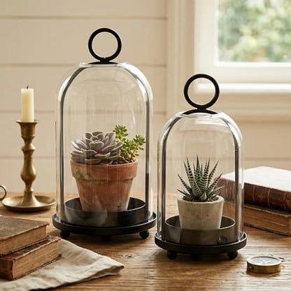 Hurricane Candle Holders Set of 2-10" & 7.8" Black Metal Base with Glass Dome, Includes 2 Pillar Candles, Hanging or Tabletop Centerpiece (Batteries Not Included)