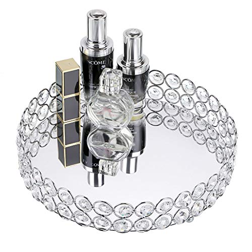 Hipiwe Crystal Make up Tray, Mirror Perfume Tray Bathroom Storage Trays Jewelry Trinket Trays Vanity Cosmetic Organizer Home Decor, Birthday Gift for Women(Round 9.8 Inch)