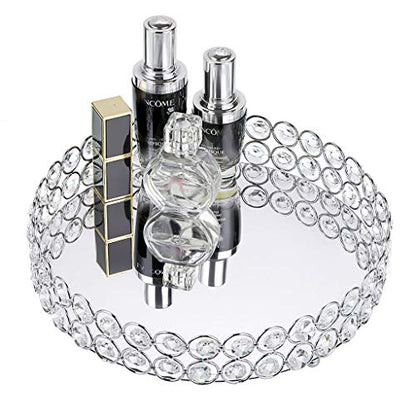 Hipiwe Crystal Make up Tray, Mirror Perfume Tray Bathroom Storage Trays Jewelry Trinket Trays Vanity Cosmetic Organizer Home Decor, Birthday Gift for Women(Round 9.8 Inch)
