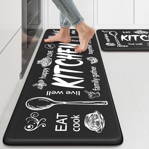KIMODE Kitchen Mats 2PCS,Cushioned Anti Fatigue Farmhouse Kitchen Rugs Mats - color: Kitchen/Black, size: 47"L x 17.3"W x 0.47"Th + 29"L x 17.3"W x 0.47"Th