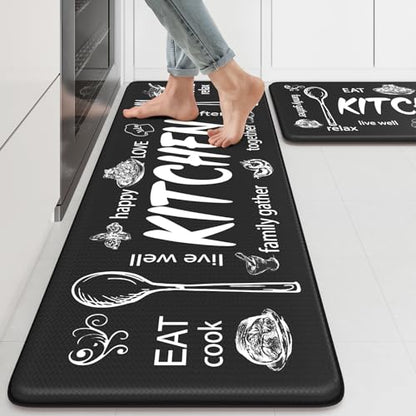 KIMODE Kitchen Mats 2PCS,Cushioned Anti Fatigue Farmhouse Kitchen Rugs Mats - color: Kitchen/Black, size: 47"L x 17.3"W x 0.47"Th + 29"L x 17.3"W x 0.47"Th