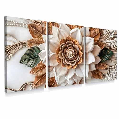 Tarfupth Boho Flower Canvas Wall Art for Bathroom White and Brown Botanical Canvas Prints Neutral Floral Wall Decor for Living Room Bedroom Office Home Decor Ready to Hang 12"x16"x3 Panels - size: 12L"x 16W" x 3