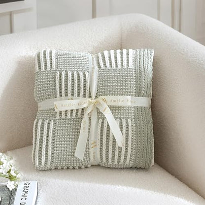 Amélie Home Checkered Knit Throw Blanket for Couch, Sage Green 50"x60" - color: Checkered Sage Green, size: 50" X 60"