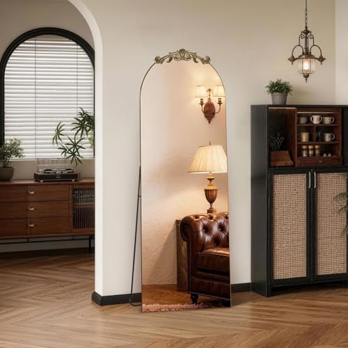 MISSDAY Vintage Baroque Full Length Mirror, 58"X18" Antique Large Arched Full Body Mirror Freestanding with French Carving Top, Full Metal Frame Stand Up Retro Mirrors for Bedroom Living Room, Bronze - color: Bronze, size: 58"L x 18"W