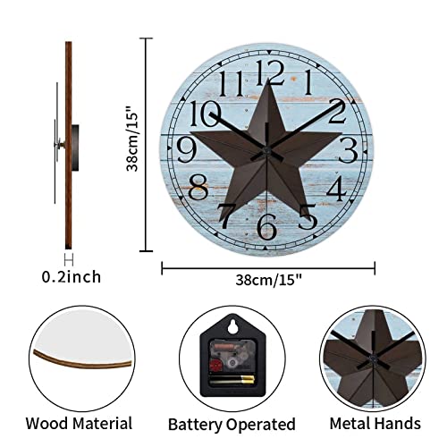 Round Farmhouse Wall Clock Western Texas Star Retro Style Wood Clock Quiet Non-ticking Battery Operated with Large Numbers Country Wall Hanging Analog Clock for Living Room Farmhouse Kitchen 15 Inch - color: Style, size: 15in