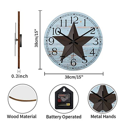 Round Farmhouse Wall Clock Western Texas Star Retro Style Wood Clock Quiet Non-ticking Battery Operated with Large Numbers Country Wall Hanging Analog Clock for Living Room Farmhouse Kitchen 15 Inch - color: Style, size: 15in