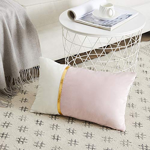 Fancy Homi 2 Packs Decorative Throw Pillow Covers 12x20 Inch for Living Room Couch Bed, Blush Pink and White Velvet Patchwork with Gold Leather, Luxury Modern Home Decor, Lumbar Cushion Case 30x50 cm - color: Pink, size: 20" x 12" (Pack of 2)