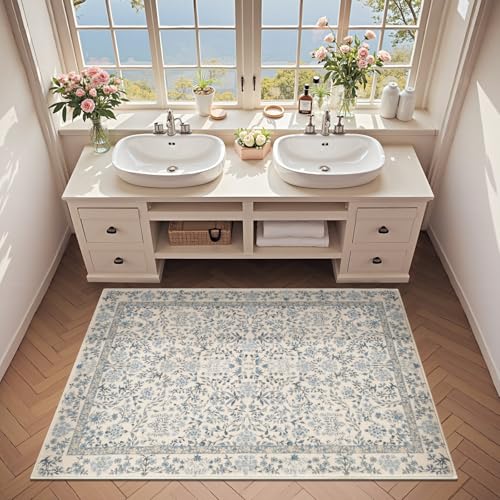 jinchan 3x5 Washable Living Room Area Rug, Vintage Floral, Blue/Cream - color: Blue/Cream, size: 3' x 5' (Rectangular)