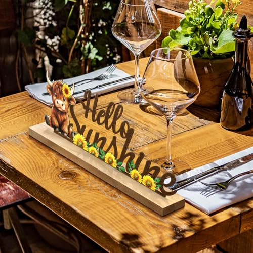 MiniInflat Sunflower Highland Cow Table Decor Hello Sunshine Metal Sign - style: Hello Sunshine