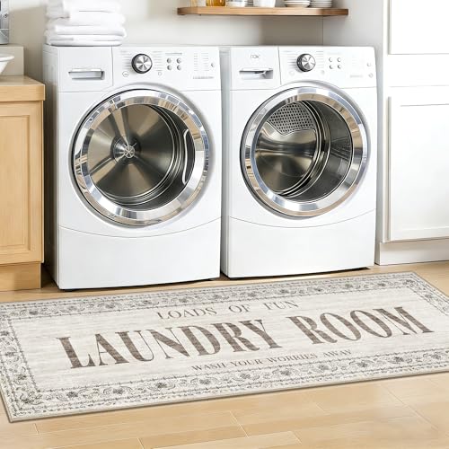 20"x60" Non-Slip Laundry Room Rug: Stain and Water Resistant Washable Laundry Mat - Durable Light-Weight Runner Farmhouse Home Decor - Soft Low-Pile Carpet for Laundry Bathroom Washroom 20"x60" Beige - color: Beige, size: 1'8" x 5' (Rectangular)