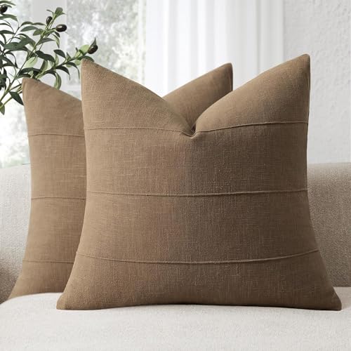 ZWJD Decorative Linen Throw Pillow Covers 22x22 Set of Solid Handcrafted Striped Cushion Covers for Bed Soft Modern Farmhouse Neutral Pillowcase for Couch Bedroom Living Room Home Decor(Coco Brown) - color: Coco Brown, size: 22" x 22" (Pack of 2)