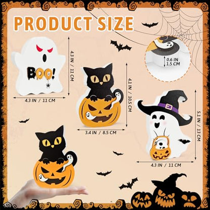 RCHCUDI 3 Piece Style Cute Wooden Ghosts Halloween Decorations indoor Table Decorations Cute Pumpkin Cat Signs Wizard Hat Wooden Blocks Boo Ghost Sign