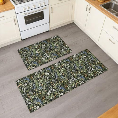 Feelyou Black Green Botanical Blossom Flowers Kitchen Rugs 2PCS - color: Black Green