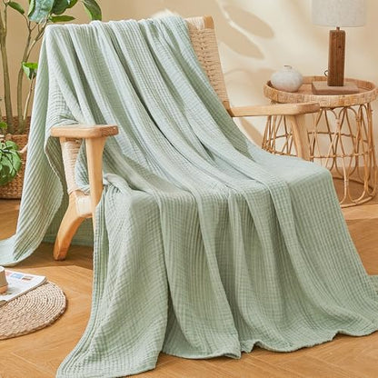 EMME Muslin Cotton Blanket Adults Heather Sage Green Throw XL 50"x70" - color: 09 - Sage Green, size: Large Throw (50" X 70")