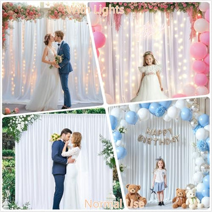 10 x 10ft White Backdrop Curtains with Lights String for Party - color: White, size: W5' x H10'(2 panels)