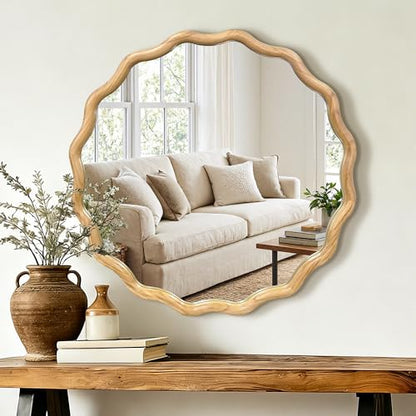 AMOISE Round Wavy Wall Mirror, 28" Circle Boho Scalloped Mirror - size: 28"L x 28"W