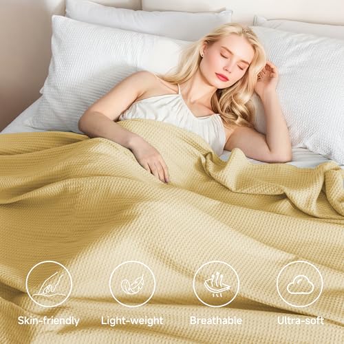 Simple&Opulence 100% Cotton Waffle Blanket, Twin 66"x90", Light Yellow - color: Light Yellow, size: Twin(66"x90")