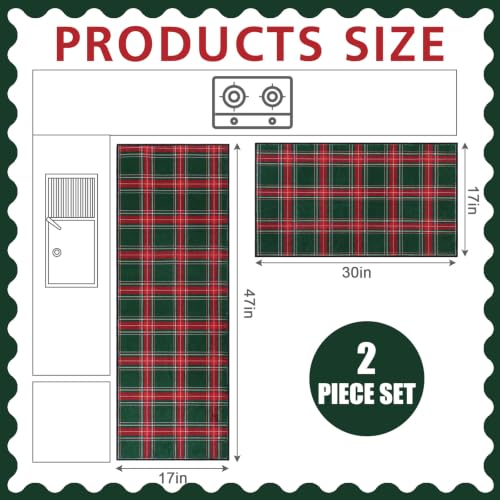 Dunzy 2 Pcs Red & Green Plaid Kitchen Mats Non-Slip Washable Runners - color: Red & Green