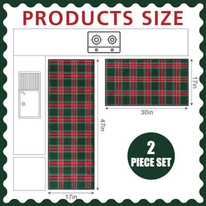 Dunzy 2 Pcs Red & Green Plaid Kitchen Mats Non-Slip Washable Runners - color: Red & Green