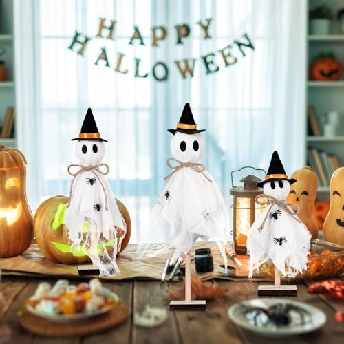 Tellegloww 3 Pcs Halloween Ghost Centerpieces Wooden Stand with Witch Hat