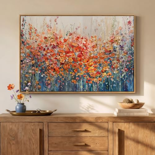 Framed Modern Abstract Colorful Flower Wall Art for Living room, 24x36 In - color: Orange & Blue