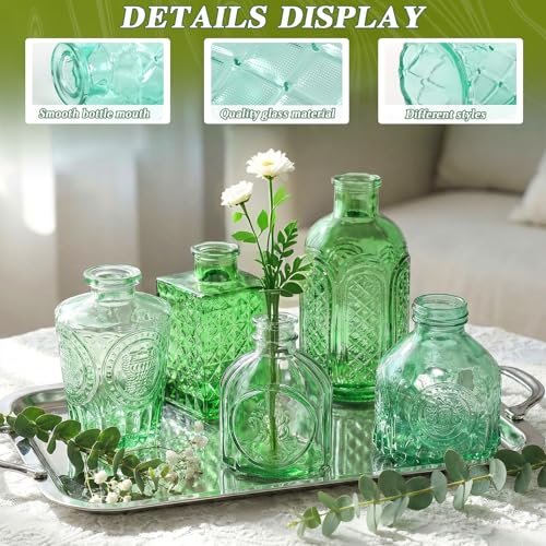 Set of 15 Green Glass Bud Vases Small Textured Flower Vases - color: Green