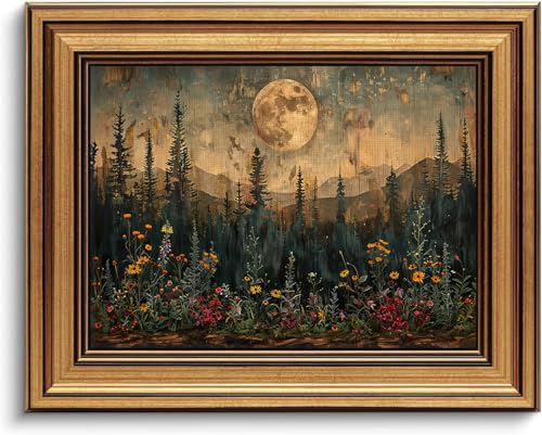 Devunaty Gold Framed Vintage Forest Full Moon Wall Art, Moonlit Pine Tree Wall Decor Paintings,Wildflowers and Mountains Rustic Woodland Nature Landscape Picture Canvas Print for Living Room 12"x16" - color: Moonlit Forest, size: 16"L x 12"W