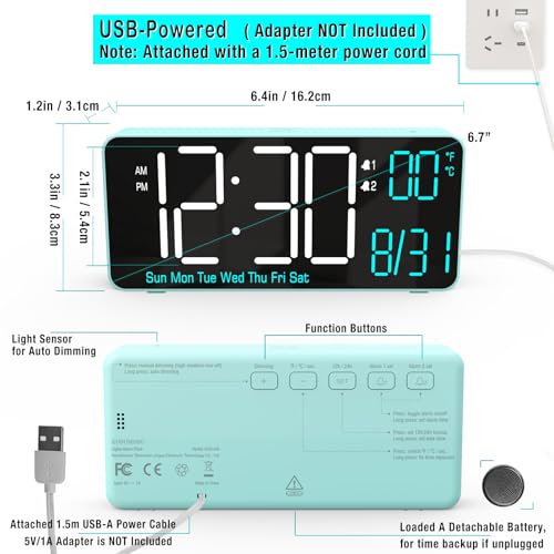 KOSUMOSU Digital Alarm Clock for Bedroom, 6.7in Desk Clock LED, Auto Dimming, Room Temperature, Day of The Week, Date, Seconds, Clocks for Living Room, Alarm Clocks for Bedrooms - color: Blue (White + Blue Digits)
