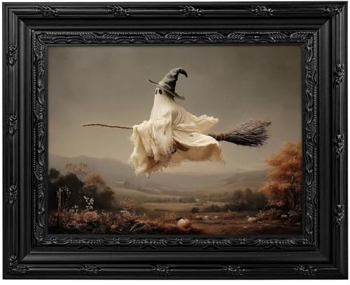 Framed Ghost Halloween Canvas Wall Art Witchy Broom Wall Decor 9x11 Inch