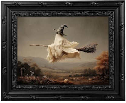 Framed Ghost Halloween Canvas Wall Art Witchy Broom Wall Decor 9x11 Inch