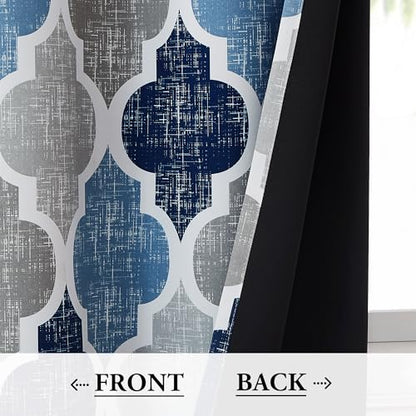 Beauoop Moroccan 100% Blackout Curtains Bedroom Blue Grey 50x63 2 Panels - color: Rod Pocket | Blue and Grey, size: 50"W x 63"L (Pack of 2)