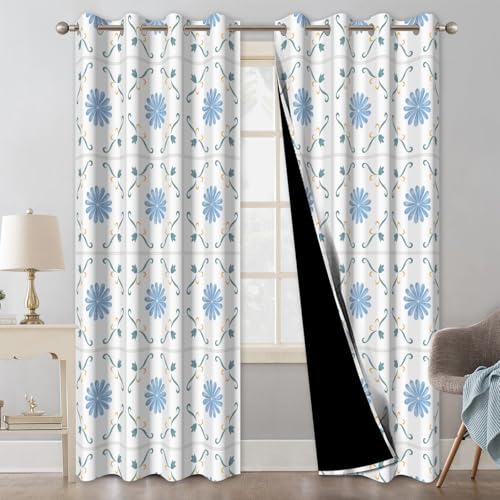 Blue Blackout Curtains 84 Inch Long 2 Panels Set, Gingham Floral Pattern Window Thermal Blackout Curtains for Bedroom and Living Room, Soundproof Privacy Thermal Insulated Curtains with Rope Tiebacks - color: Plaid Daisy Print