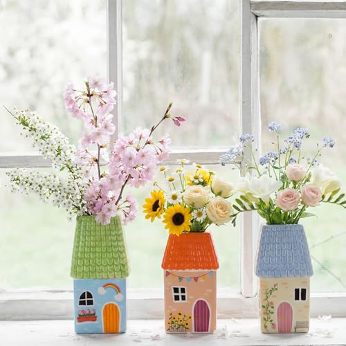 Remerry Mini Ceramic House Shape Vase Decorative Small Bud Vases, Blue - color: Blue