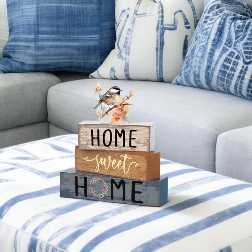 Cinnvoice 4 Pcs Chickadee Wooden Block Decor Farmhouse Tiered Tray Signs - style: Poppy Tit