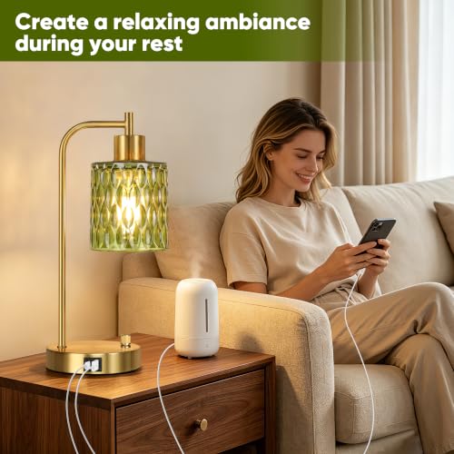 Table Lamps Set of 2, Green Glass Dimmable Bedside Lamps for Living Room - color: Gold&Green-3