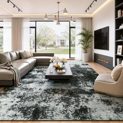 Merelax 9x12 Back Grey Large Washable Area Rug Non-Slip Faux Wool Rug - color: Black Grey, size: 9' x 12'(108''x144'')