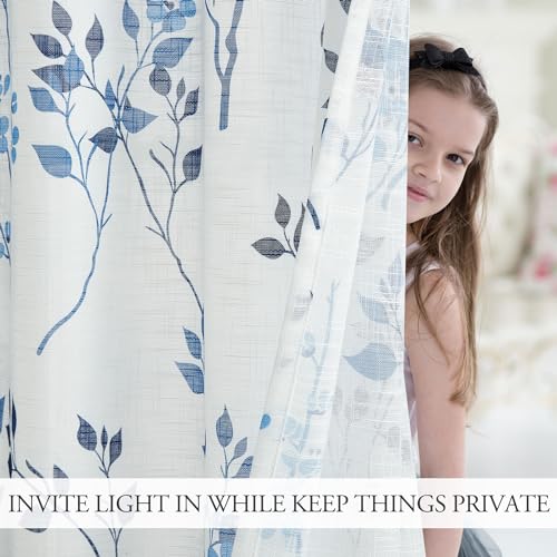 Beauoop Floral Linen Semi Sheer Curtains Living Room Blue Navy 50x108 2 Set - color: Grommet | Blue and Navy, size: 50"W x 108"L (Pack of 2)