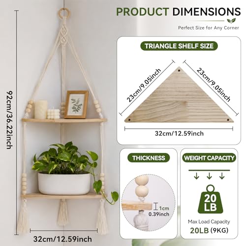 Artilady Macrame Wall Hanging Corner Shelf, Adjust Boho Storage Wall Decor - color: Beige Weave 2-tier