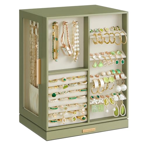 SONGMICS Jewelry Box Organizer, 360° Rotating, 5 Drawers, Laurel Green | Vertical Jewelry Storage Case, Spacious, Open Design, Great Gift, Glass Window, GISELLA Collection UJBC170C02 - color: Laurel Green, size: 5 Drawers (6.3"d X 8.7"w X 11.2"h)