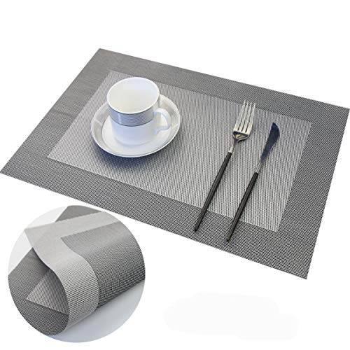PIGCHCY Placemats Vinyl Washable Table Mats Elegant Non-Slip Placemats for Dinner Table Set of 4 (Silver) - color: Box2: Deep Silver, size: 4 Placemats
